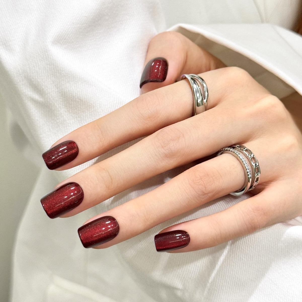 Dark Red Cat Eyes Press On Nails,12 Sizes - 24 Pcs Soft Gel Red Short Squoval Fake Nails Kit with Nail Glue, Natural Reusable Stick On False Nails for Women and Girls SK1058