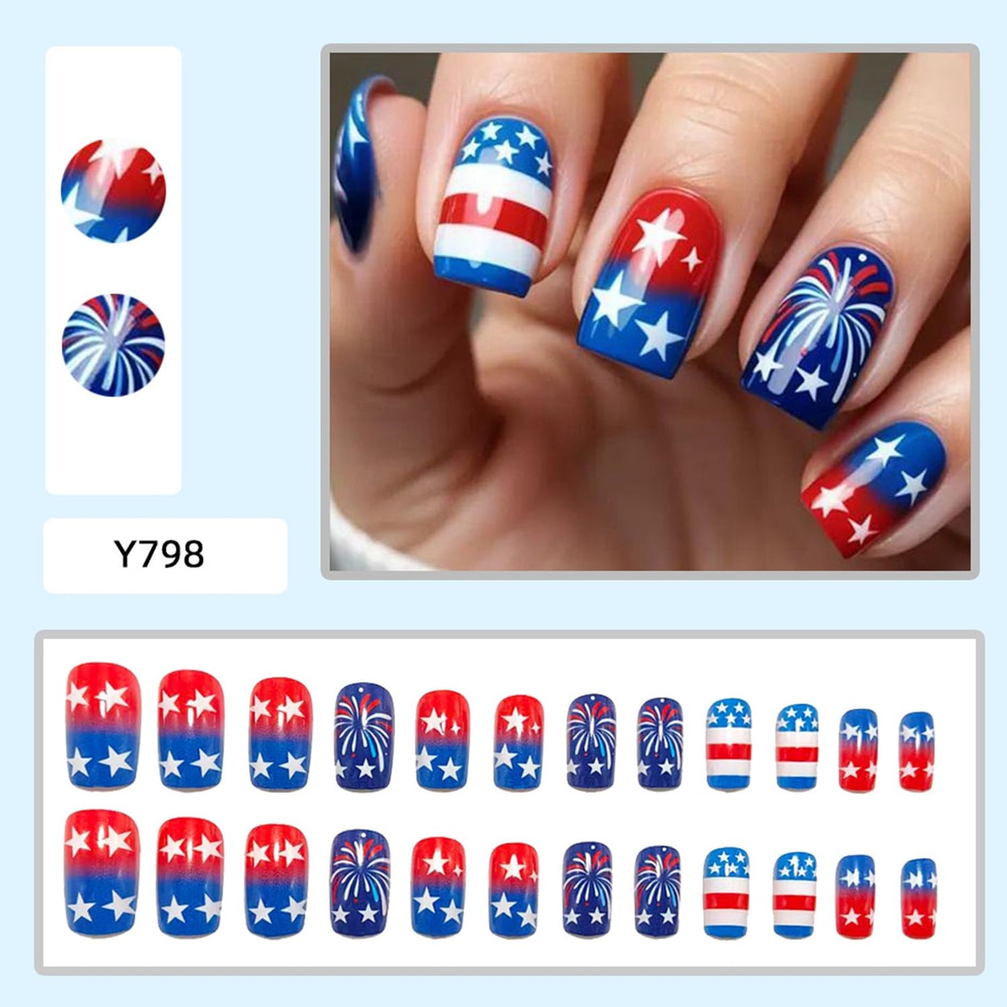 Independence Day Press on Nails Medium Square French Fake Nails Gradient Red White Lines with Stars Fireworks Glossy Acrylic Nail 4th of July Glue on Artificial Fingernails for Women Festival Manicure