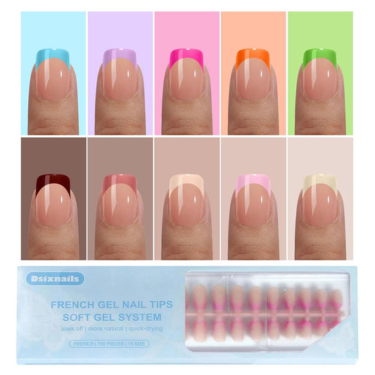 Dsixnails 300Pcs Square French Tip Press on Nails, Multicolor Extra Short Soft Gel Nail Tips, Pre-lasting Acrylic Fake Nails, No Need to File False Nail Tips Extension for Women Nails DIY in 15Sizes