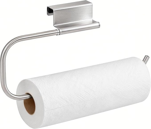 Over Cabinet Door Paper Towel Holder for Kitchen Cabinet Brushed Stainless Steel, Under Sink No Drilling Roll Dispenser for RV