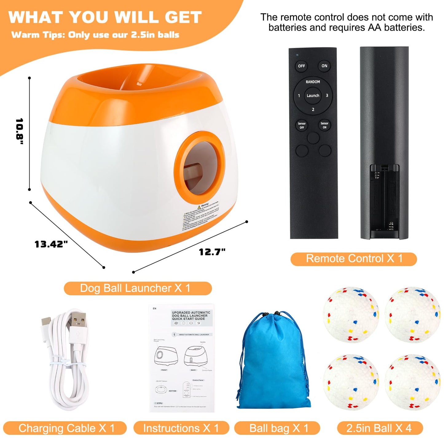 Wortade Automatic Ball Launcher for Dogs, Dog Ball Thrower with 40-60-80Ft Distance, Rechargeable Automatic Launcher with 4 Balls (2.5"), Remote Control Launcher for Medium & Large