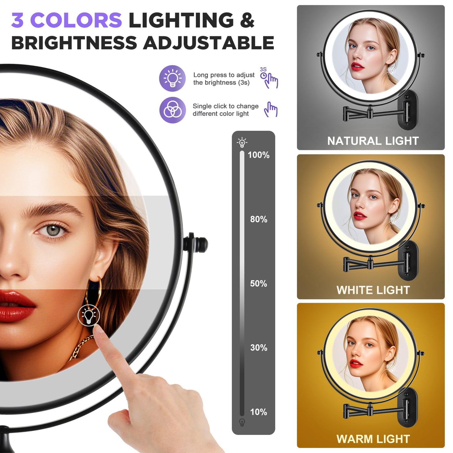 VORREMIRR 20X Magnifying Mirror with Light: 8.5 Inch Lighted Makeup Mirror, Wall Mount, 360 Rotation, Touch Screen, Rechargeable, Brushed Nickel
