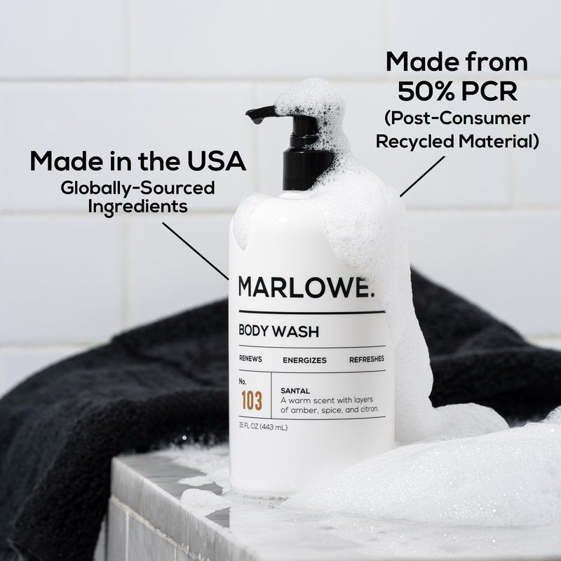 MARLOWE. Men's Body Wash, 15oz Pump, Energizing & Refreshing Shower Gel, Moisturizes, Nourishes, Clean Vegan Formula with Willow Bark & Green Tea Extracts, Warm Amber, Sandalwood & Citron Santal Scent