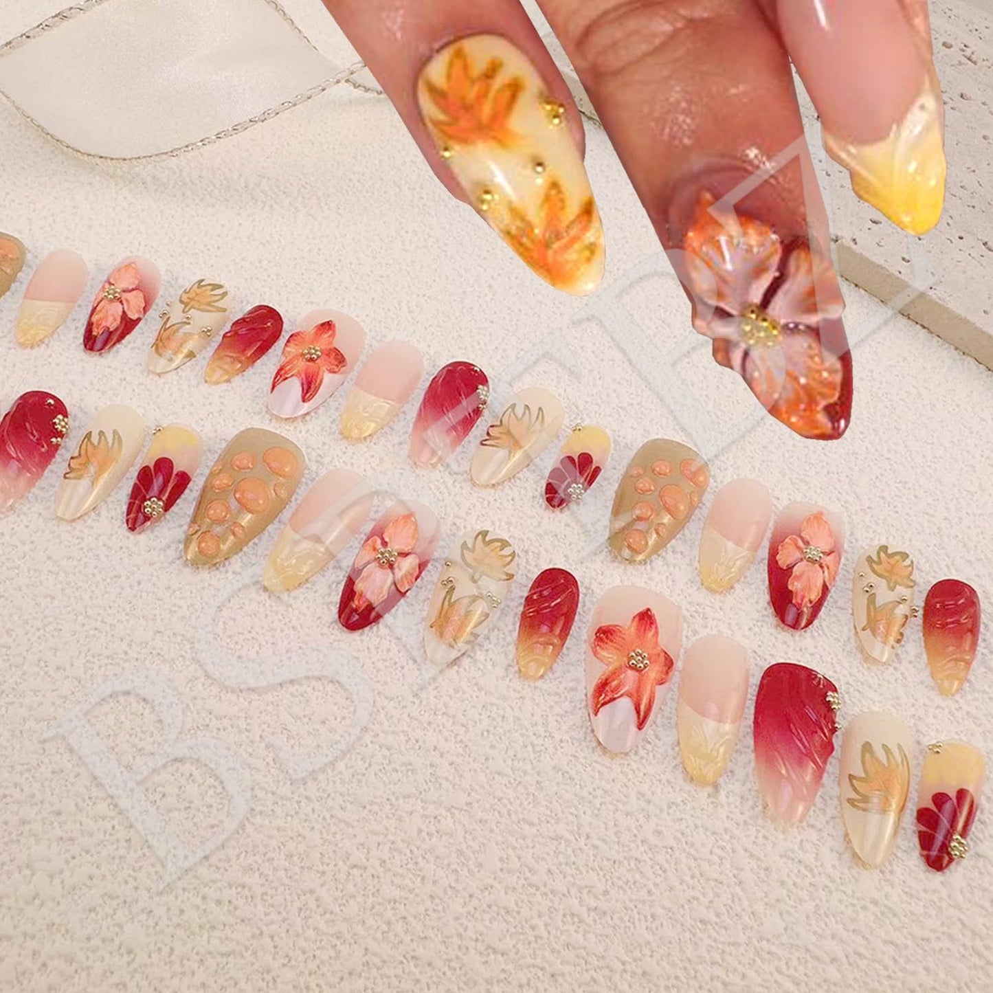 30pcs Fall Maple Leaf Press on Nails Autumn Fake Nail with 3D Floral & Gold Leaves Art in Medium French Nails Handmade Thanksgiving Nail Art for Holiday, Vacation, Birthday Nail Decoration for Women