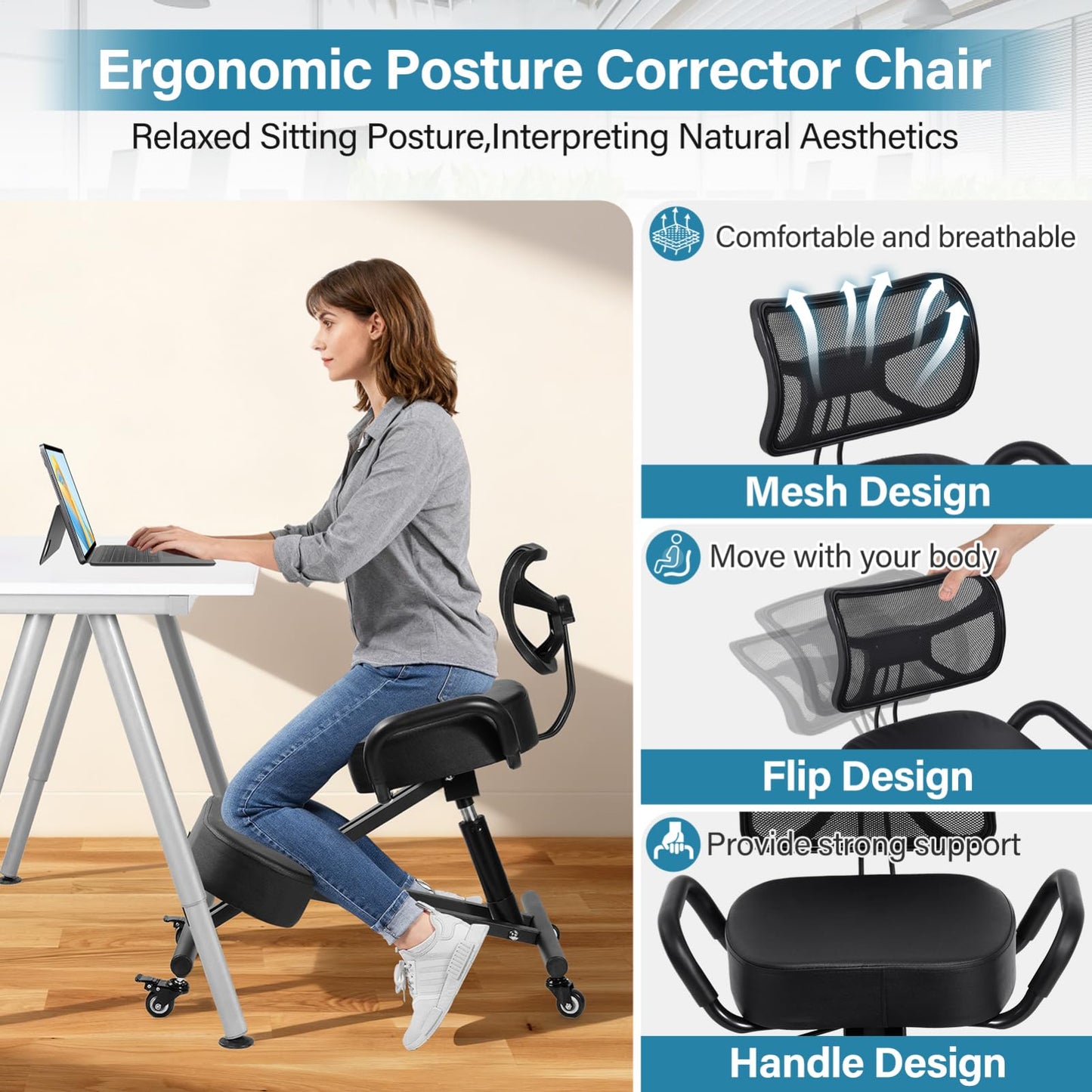 Kneeling Chair, Ergonomic Kneeling Chair with Back Support, kneelings Office Chairs with Adjustable Height and Lumbar Support for Banking Meeting Room Office Home Reception,Improve Postures