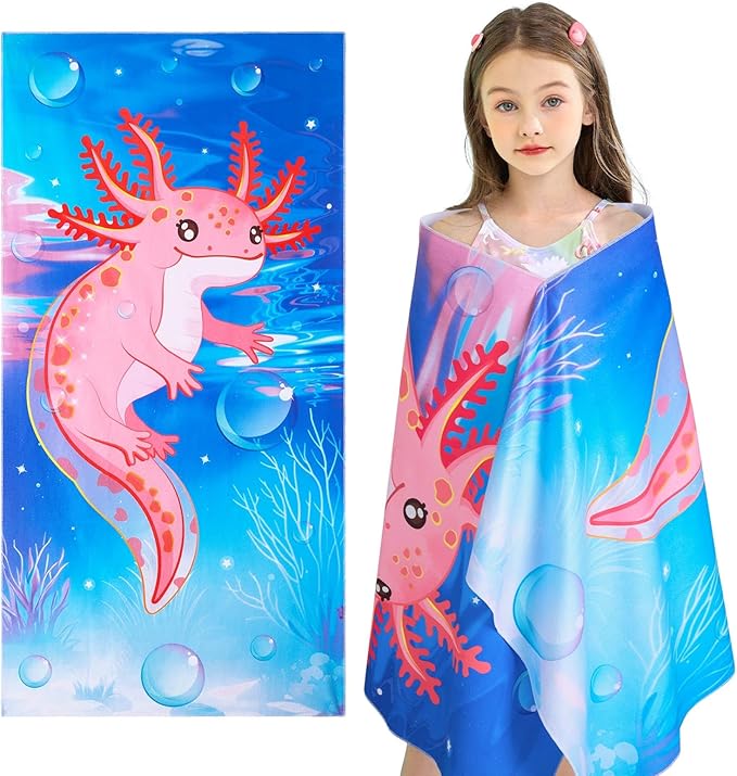 WERNNSAI Dinosaur Kids Beach Towel for Girls - 30” x 60” Axolotl Sand Free Swim Towels for Girls Bath Pool Camping Travel Towel Quick Dry Ultra Absorbent Super Soft Beach Blanket Bath Shower Towel