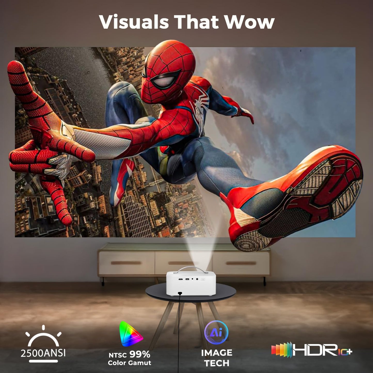 Outdoor-Projector-4k with WiFi and Bluetooth, 2500 ANSI & Official-Apps & AI Movin 2.0 OS, 35W DoIby Smart Proyector with AI Auto Focus HDR10+, Lisowod 4k Portable Projector for Bedroom/Celling/Home