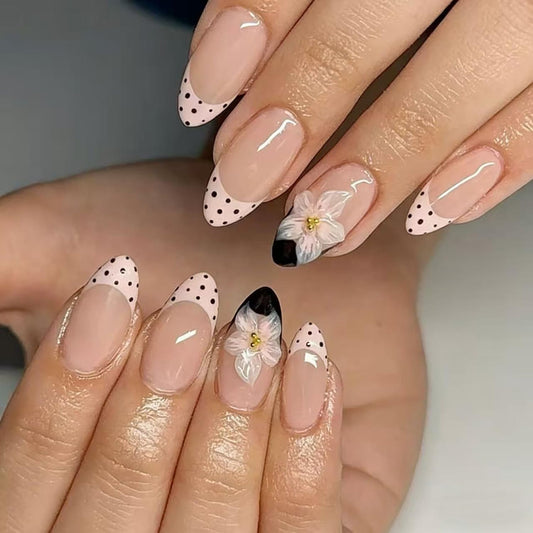 Polka Dot French Tip Press on Nails Medium Almond Fake Nails with 3D Flower Nails Press ons,Glossy Full Cover Glue on Nails Pink Spring Reusable Soft Nails for Women Girls 24Pcs