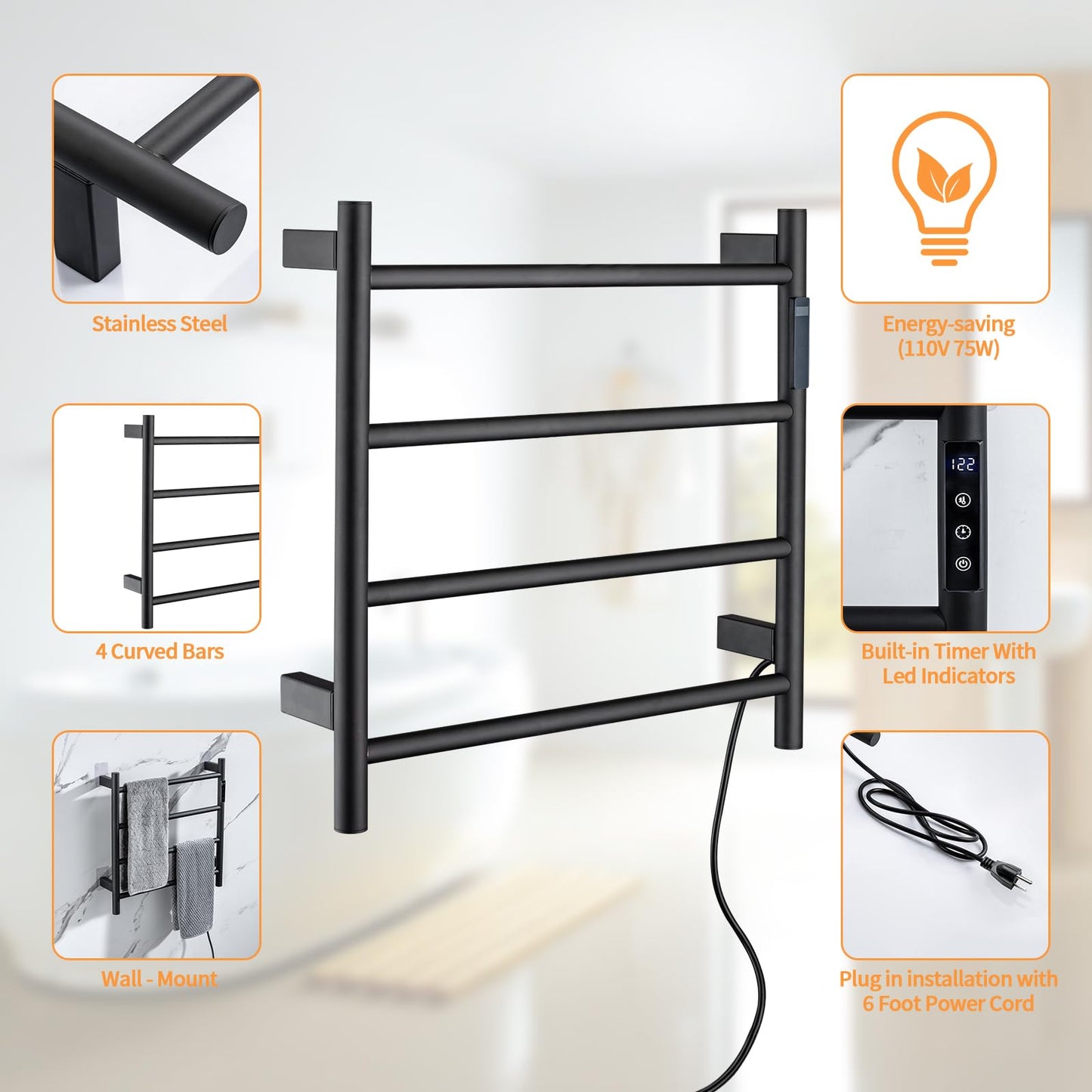 Heated Towel Racks,4 Bars Towel Warmer Rack for Bathroom, Wall Mounted Electric Towel Warmer with Timer, Plug-in/Hardwired Towel Dryer Rack Matte Black