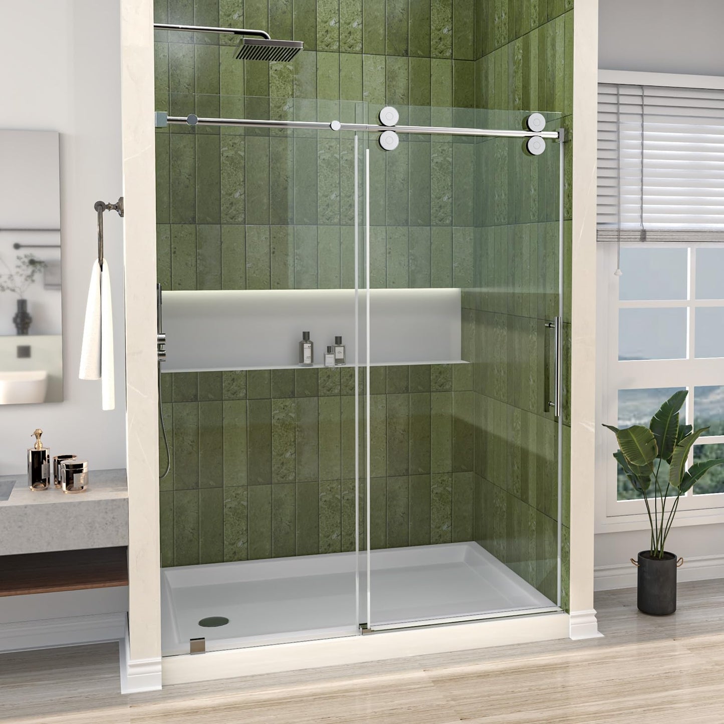 Mainzel Frameless Sliding Shower Door, 56-60" W × 76" H, Shower Glass Door, SGCC-Certified 3/8" (10 mm) Tempered Glass, Double Sided Easy Clean,Walk-in Shower Door, Minimalist Style, Silver