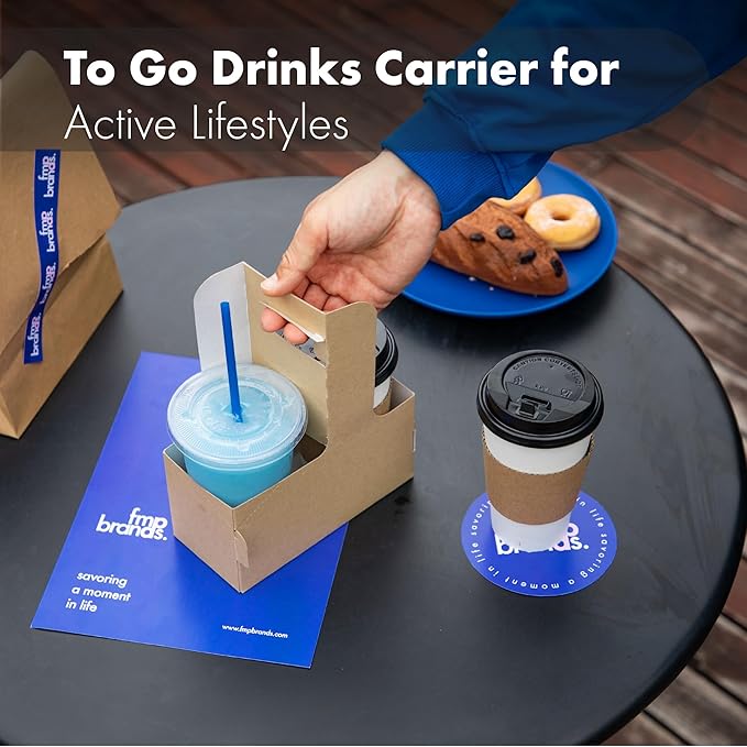 FMP Brands 2 Cup Disposable Drink Carrier with Handle, 250 Pack Kraft Paperboard Handled Drink Carriers 12-30 oz to Go Coffee Cup Holder, Cup Carrier for Cold Hot Drinks, Valentine Mother's Day