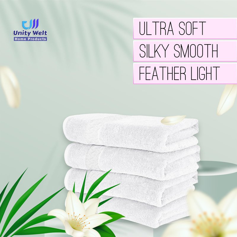 Unity Welt 100% Cotton Hand & Face Towels - Pack of 4, Size 28 x16 inch (70x40 cm), 600 GSM, Soft, Absorbent & Multipurpose for Gym, Spa, or Everyday Use (White)