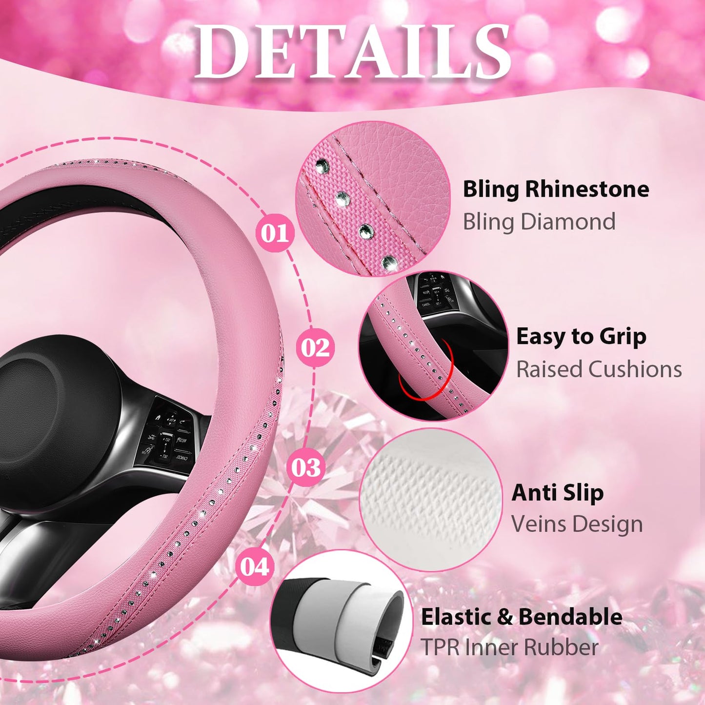 CAR PASS Bling Diamond Pink Leather Steering Wheel Cover, Studded Shining Rhinestones Universal Fit 14" 1/2-15" Glitter Sparkly Crystal Fit for Women Girl SUV,Vans,Sedans,Car,Trucks, Pink Diamond