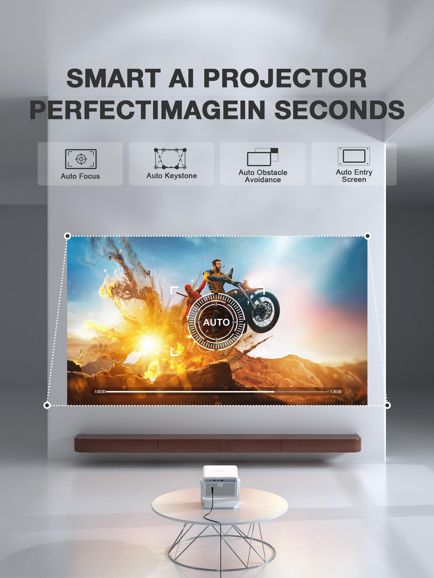 【1900 ANSI & Officially-Licensed APP】Smart 4K Projector with WiFi and Bluetooth, VISSPL Auto Focus Portable Outdoor Projector, Movie Home Theater Proyector with 360° Adjustable Stand