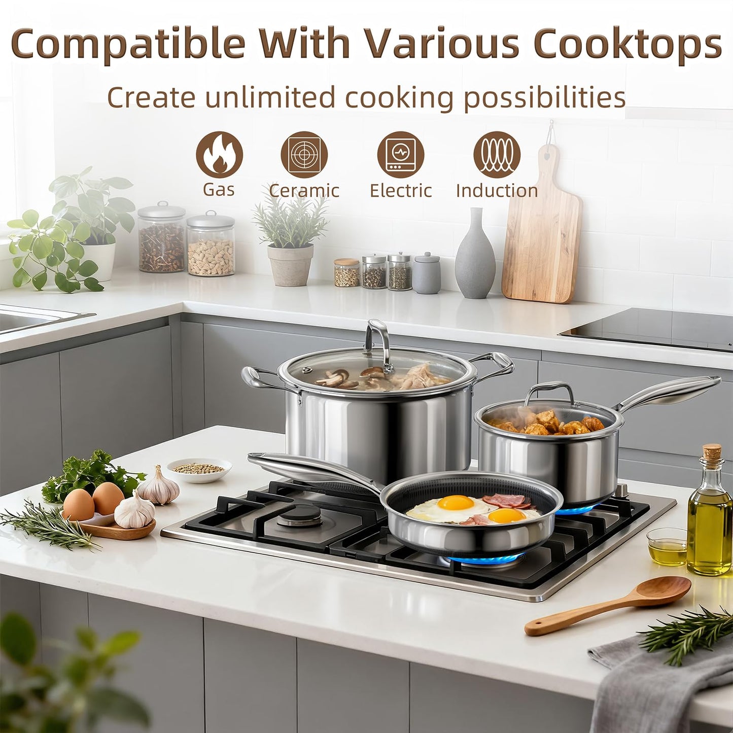 Yoehka 14-Piece Hybrid Stainless Steel Cookware Set, Non-Stick Pots and Pans Set with 3 Silicone Trivets | Induction Compatible Frying Pans, Saucepans, Saute Pan & Stock Pot | Oven Dishwasher Safe