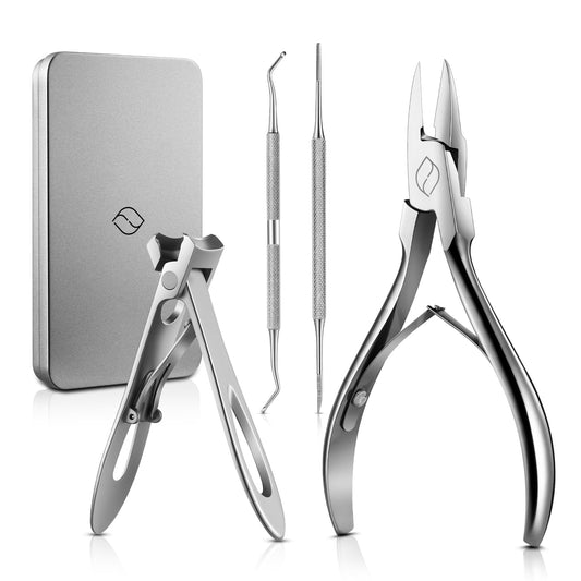 FERYES 4PCS Ingrown Toenail Kit – Toenail Clippers for Thick and Ingrown Toenails, Toe Nail Clipper with Thick Toenail File and Toenail Lifter - Complete Toenail Care Set for Men and Women, Silver