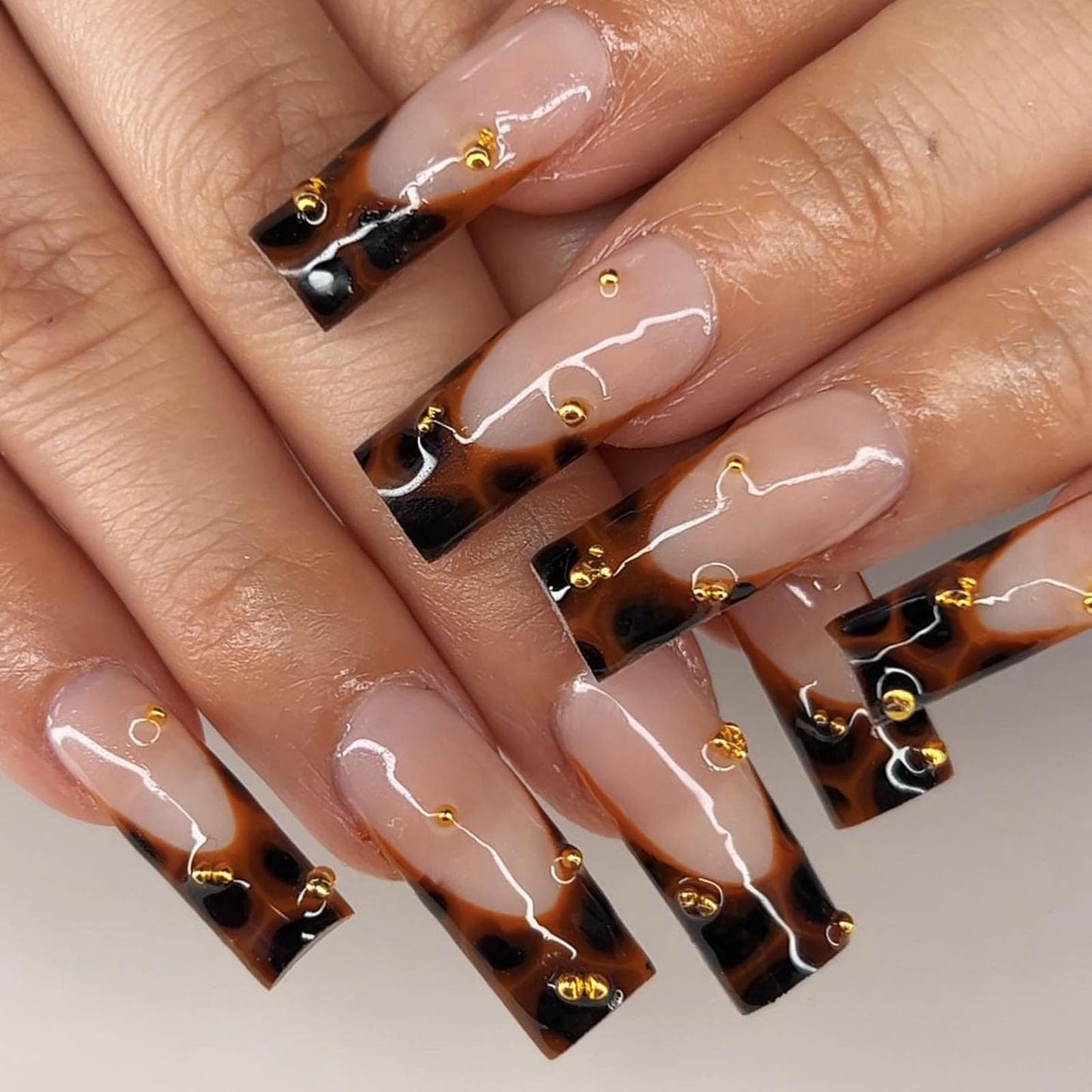 IMRAIN Brown Press on Nails Long Square Fake Nails Leopard Print French Tips False Nails with Golden Bead Designs Glossy Fall Full Cover Stick on Nails for Women Nail Art Manicure