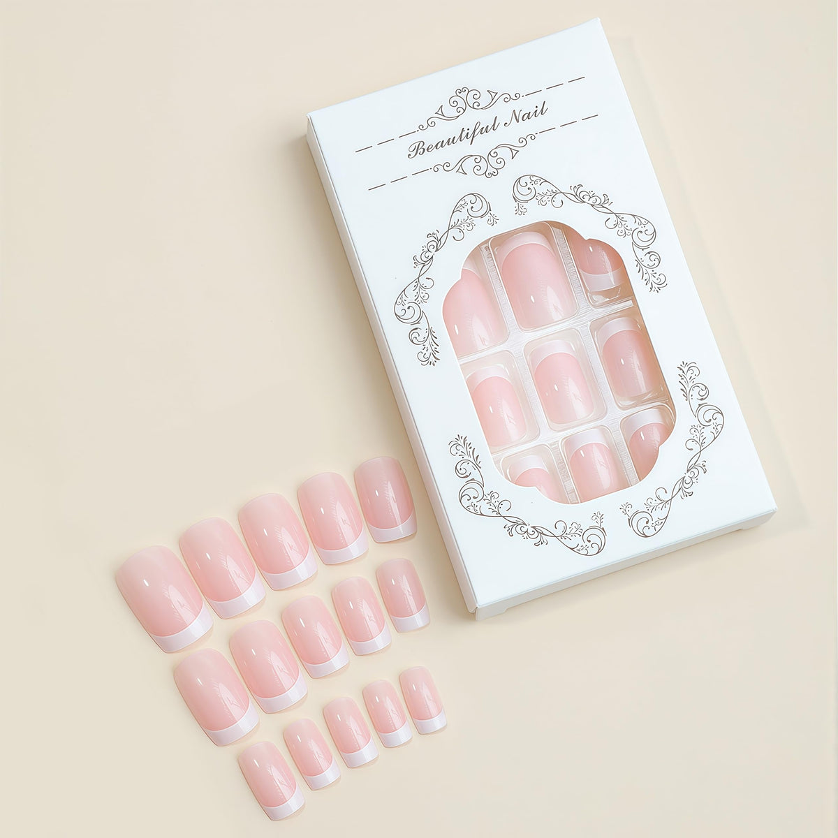 White French Tips Press on Nails Medium Square Spring Summer French Designs Glossy Acrylic Artificial Fake Nails for Women Girls Daily Wear Manicure Decoration 24Pcs