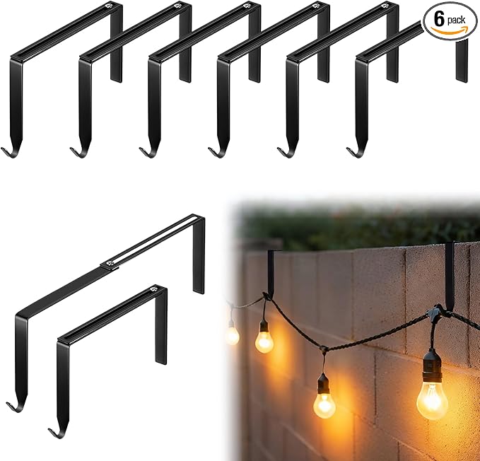 Frienda 6 Pcs Adjustable Outdoor Light String Metal Hooks for 6-11 Inch Concrete Wall Cinder Block Fence Hangers Outdoor Light String Hooks No Drill for Concrete Wall Cinder Block and Fence(Black)