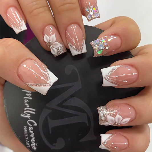 RUOKEXIN Square Press-on Nails - White French Tip Fake Nails with Glitter Designs, Medium Length, 24pcs