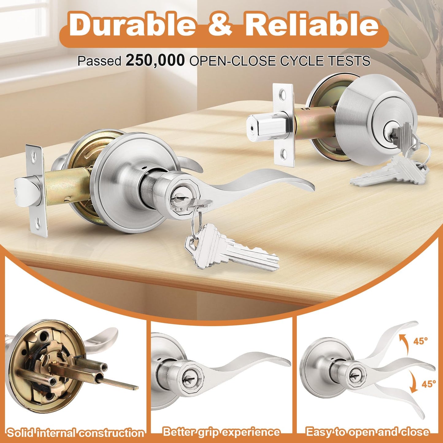 Probrico 6 Sets-Satin Nickel Exterior Entry Lever and Single Cylinder Deadbolt Combo Pack,Keyed Alike Entry Handleset for Front Entrance Door,Wave Shape Lever,Contractor Park