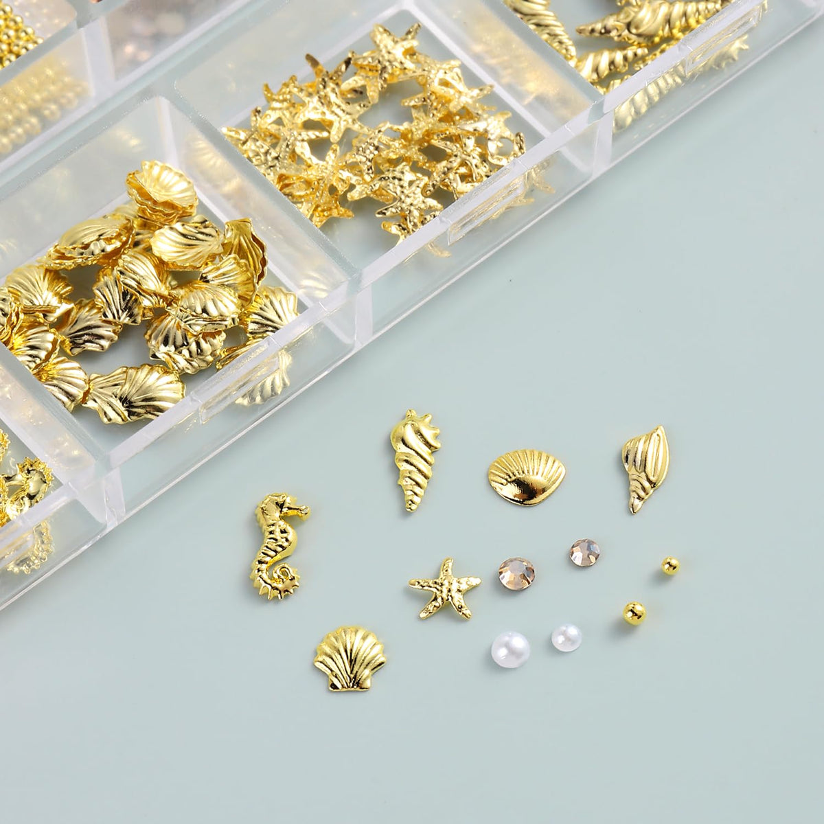 Furtherpretty Summer Nail Charms, 3D Beach Nail Charms Metal Starfish Seashell Tropical Ocean Nail Art Decorations, Gold Beads and Pearls Rhinestones with Tweezers for Manicure, concha nacar para uñas