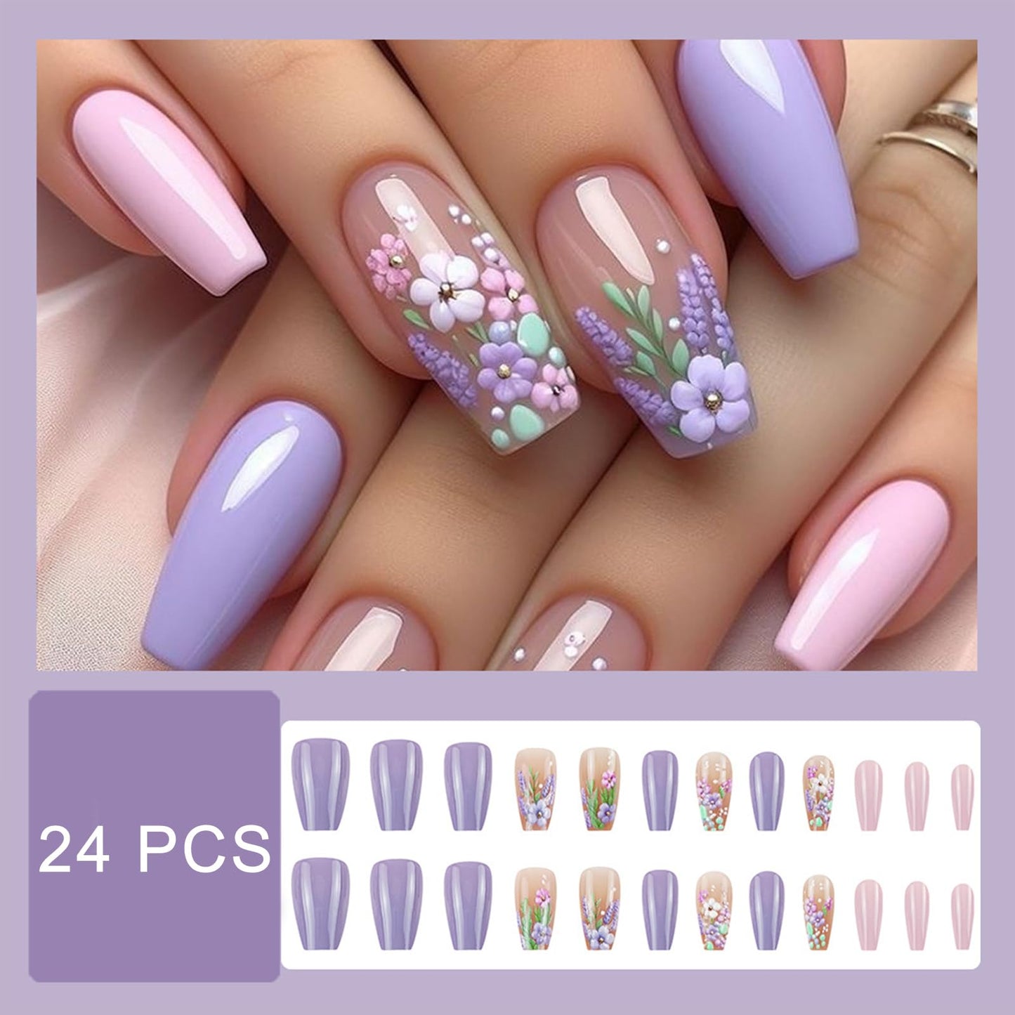 Spring Purple Floral French Press on Nails Medium Ballet Fake Nails 3D Floral False Nails with Purple and Pink Design Glossy Spring Stick on Nails for Women Girls Manicure Decoration 24 pcs