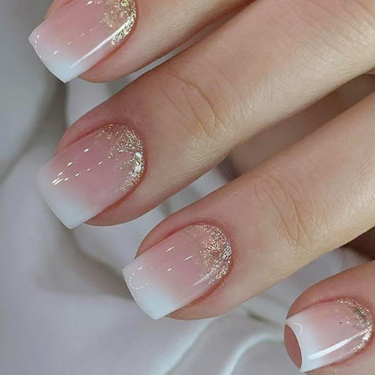 24Pcs Glitter Press on Nails Short Square Fake Nails with Gradient Glossy Designs Nails Press ons Pink White False Nails Simple Stick on Nails for Women