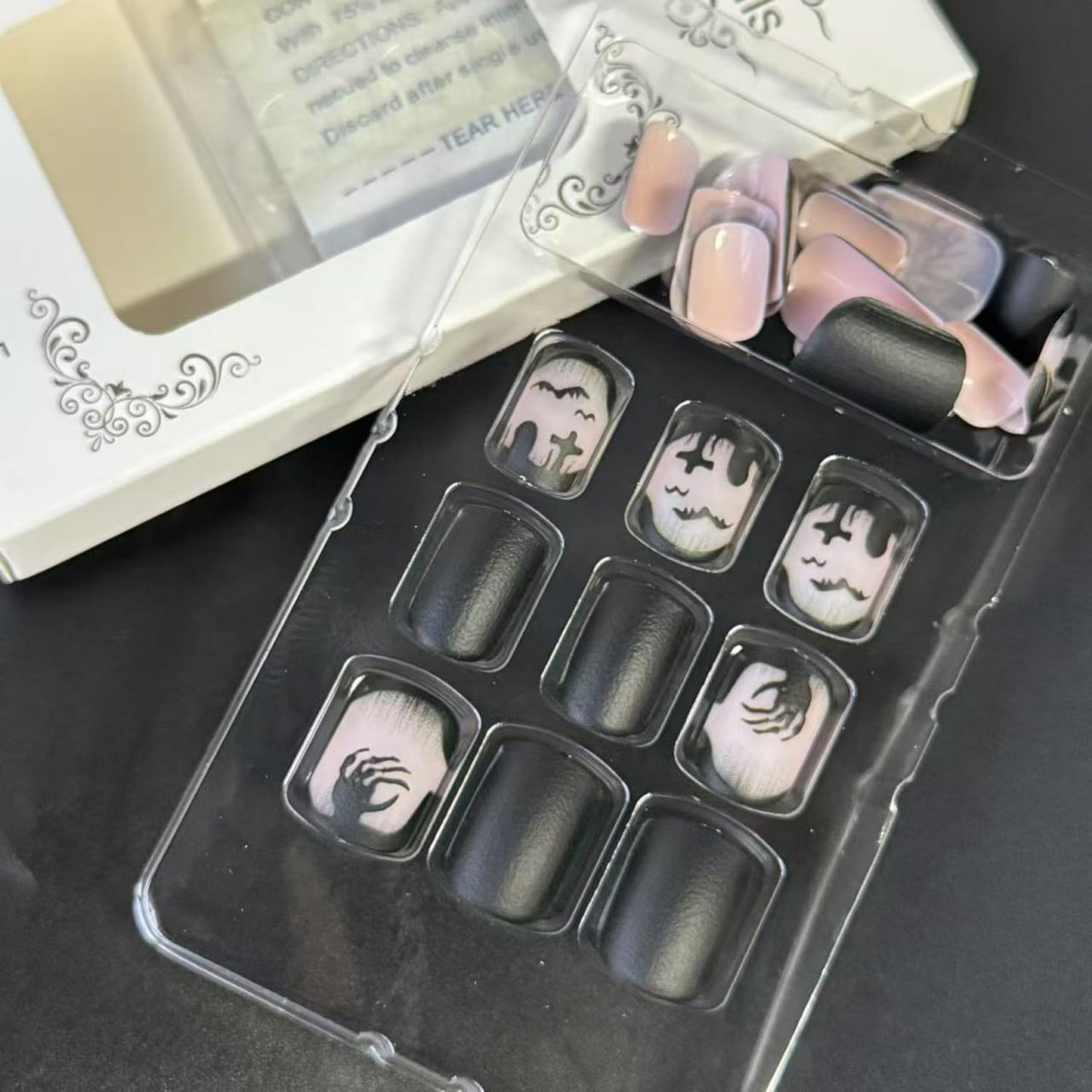 Halloween Press on Nail Short Square Fake Nails Black with Skull Plam design Horror Press ones False Nails Full Cover Matte Stick Glue on Nails Reusable Halloween Nail Accessories for Women Party24pcs