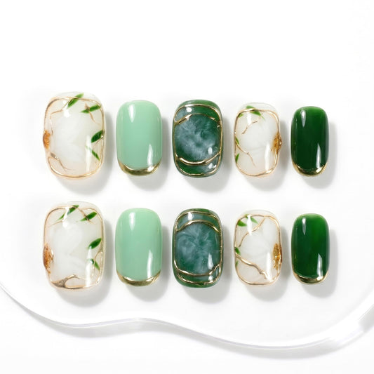 Sun&Beam Nails Handmade Press On Nail Medium Short Green White Flower Jasmine Fake Tip 3D Design Art Charms Cute with Storage Box 10 Pcs (S)