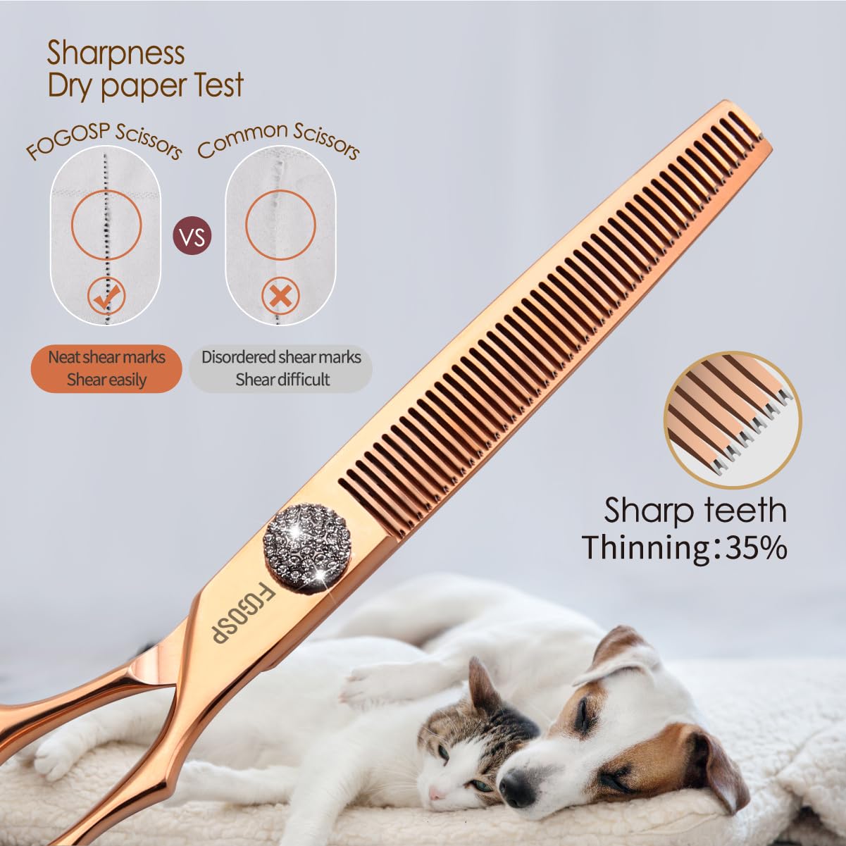 FOGOSP 7'' Dog Grooming Scissors Set Rose Gold Titanium 4PCS Curved Thinning Straight Chunkers Shears Kit with White Artificial Diamonds Ergonomic Offset Handle Japan 440C Sharp and Durable