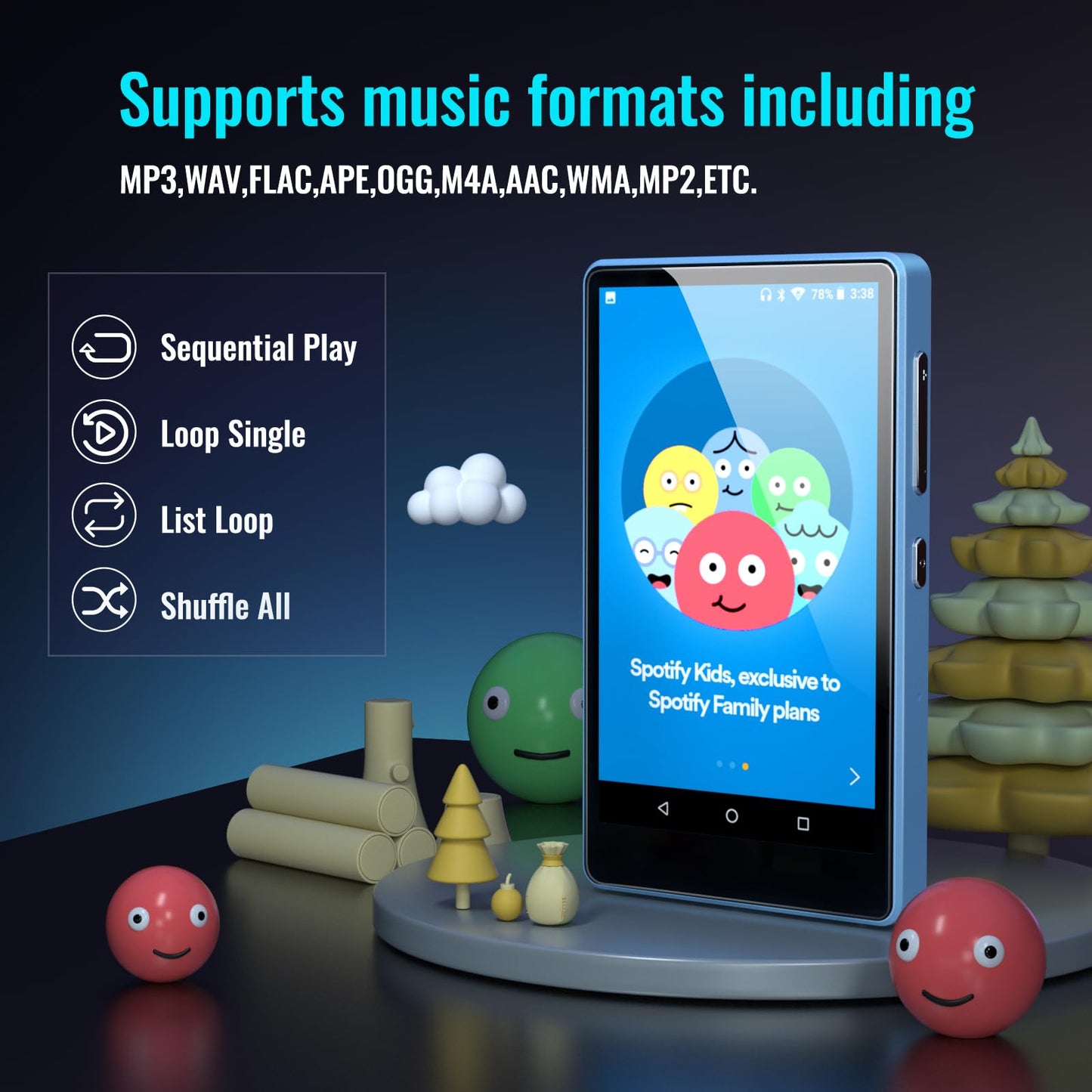 MP3 Player for Kids with Spotify, Parental Controls, Spotify Kids, Audible, Amazon Music, Libby, 4.0" IPS Kids MP4 Music Player Up to 512GB (Blue)