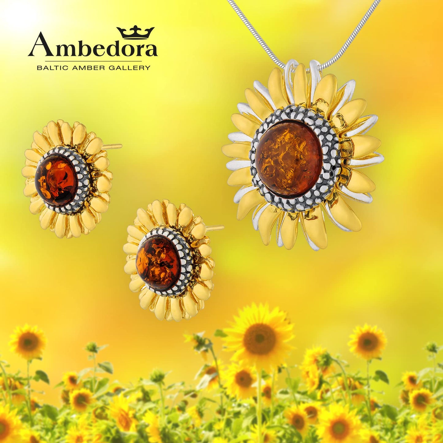 AMBEDORA Women's Jewellery Set Sunflowers, Gold Plated, Oxidised Sterling Silver, Baltic Amber in Cognac Colour, Gold Plated Pendant on Chain and Earrings
