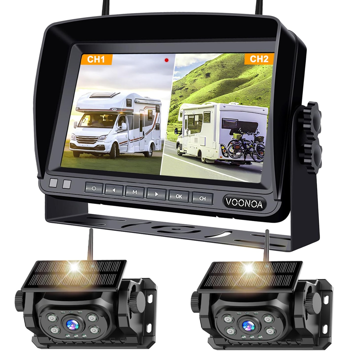 VOONOA 2 Magnetic Wireless Backup Camera with 7'' HD 1080P DVR Monitor System, 15000mAh Rechargeable Waterproof Dual Solar Reverse Camera for Hitch Towing Car Trailer Truck RV VN007