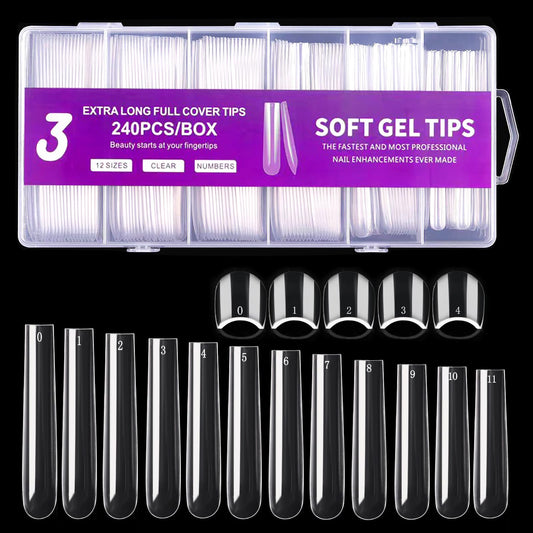 3XL Square Nail Tips, 240PCS Clear Full Cover Artificial False Nails Tips, Extra Long Square No C Curve Acrylic Nail Tips, XXXL Tapered Fake Nails for Salons Home DIY Nail Art 12 Sizes