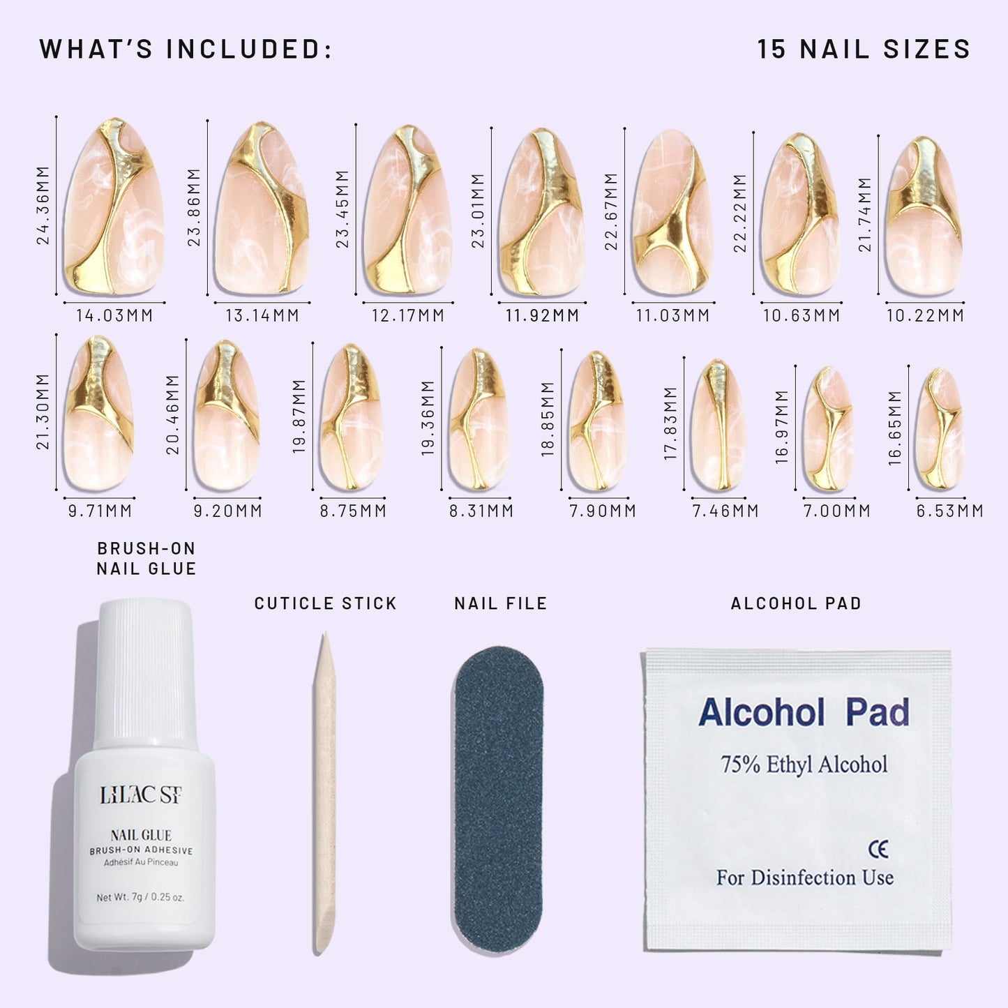 Lilac St - Press On Nails, Gold In My Veins (30 Nails, 15 Sizes) - Long, Almond, Glossy, Opaque - Brush On Nail Glue, Nail File, Cuticle Stick, Prep Pad - Reusable - Cruelty Free, Vegan, Women Founded