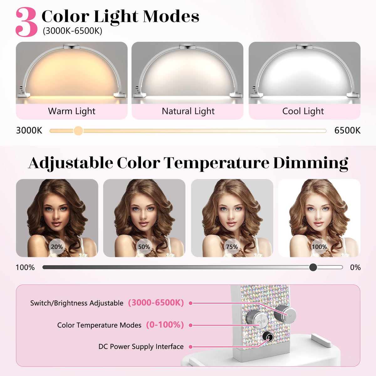 LIONVISON Half Moon Light for Nail Desk: 31-inch Manicure Table Light with Phone Holder for Beginner DIY - 48W Professional Half Moon Lamp for Nail Tech,Eyelash,Makeup,Tattoo