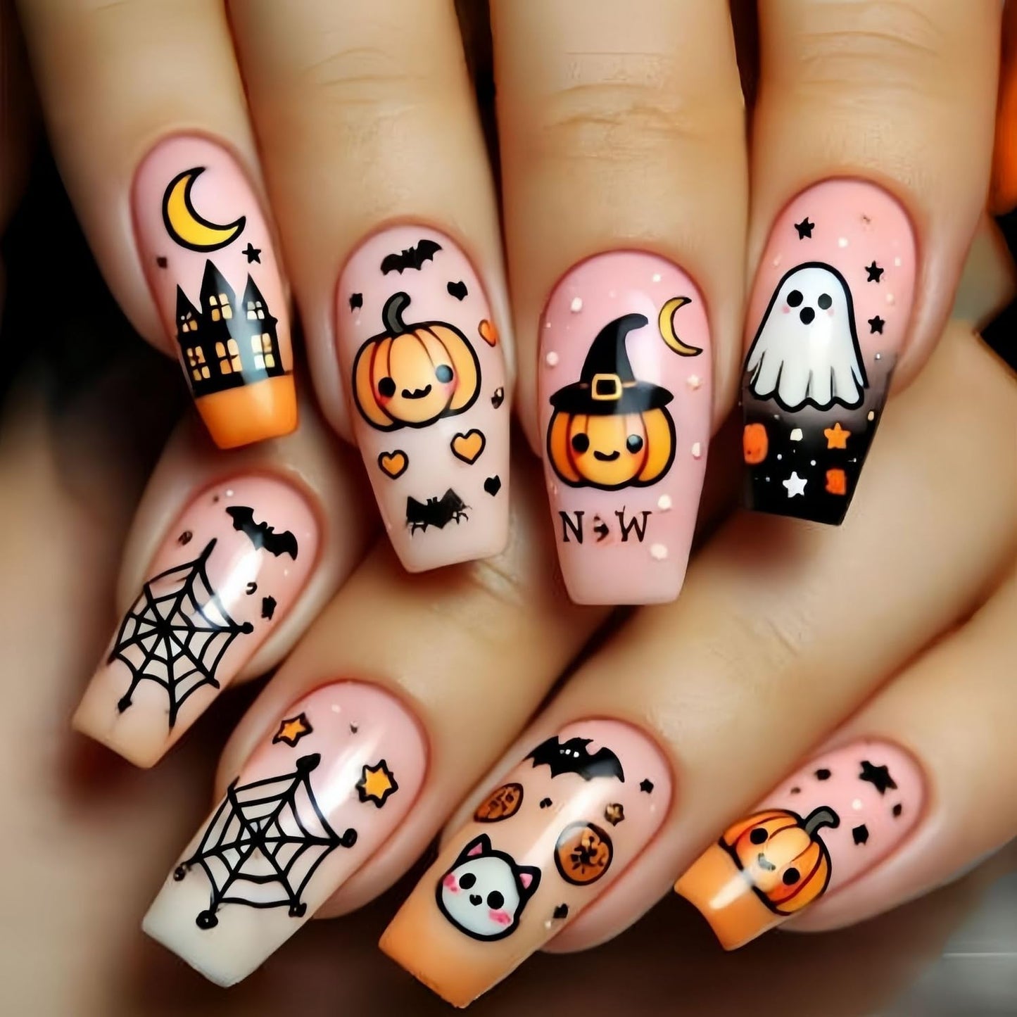 Halloween Press on Nails Full Cover Medium Coffin Fake Nails with Cute Ghost Pumpkin Stick on Nail Halloween Spider Web Bat Glue on Nail Glossy Acrylic Nails for Women Girls Manicure 24 Pcs