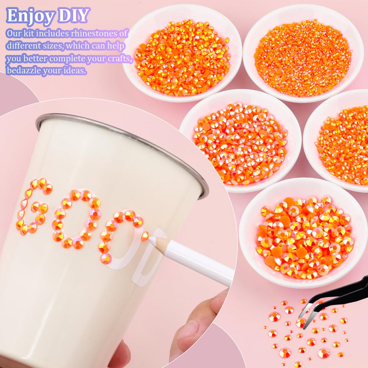 25000Pcs Resin Rhinestones with Tweezers for Crafting, Orange AB 2-6mm Mixed Sizes Non Hotfix Flatback Gems, Bedazzling Crystal for DIY Craft Clothing Mugs Tumblers Shoes Fabric Decor Nail Art