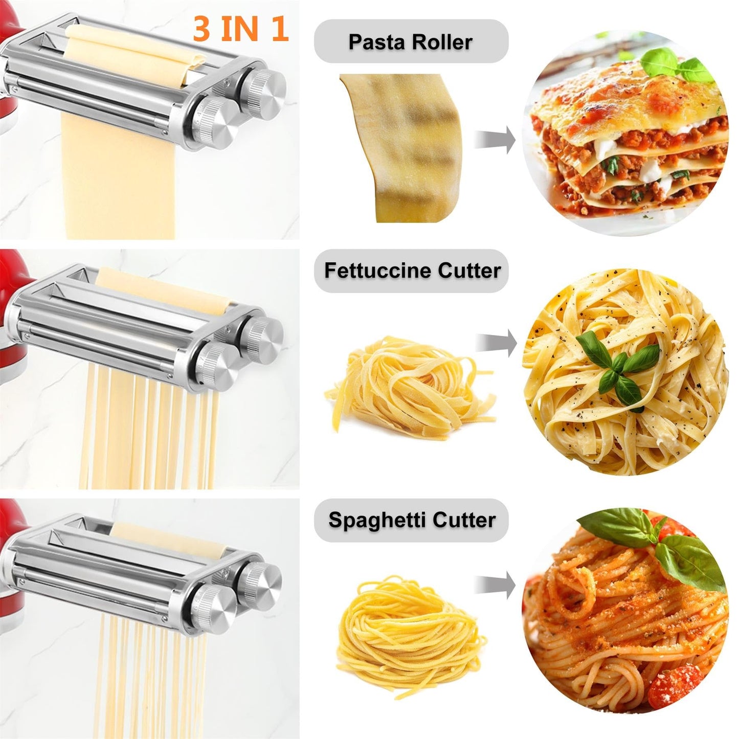 FavorKit Pasta Maker Attachment 3 in 1 Set for KitchenAid Mixers Plus Hub Knob Screw Accessory Included Dough Sheet Roller, Spaghetti & Fettuccine Cutters and Cleaning Brush