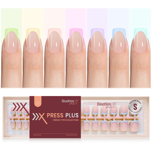 Beetles Spring Press On Nails 224 Pcs 7 Colors, French Tip Nails Short Square Classic Fake Nail Tips, Pastel Romance Macaron Soft Nails Gel False Nails Art DIY For Women