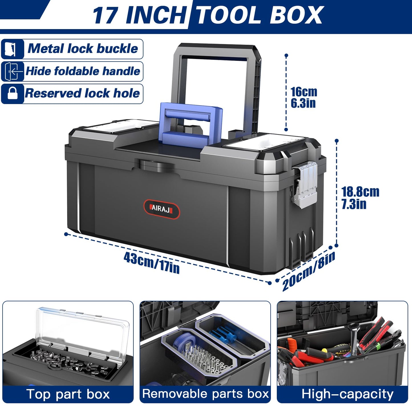 3 IN 1 Rolling Tool Box With Wheels,Stackable Tool Box,Modular Tools Storage Organizer,Top Small Parts Organizer Design,With Removable Small Parts Box,for Home,Repair,Garage Storage,17 IN+19 IN+21 IN