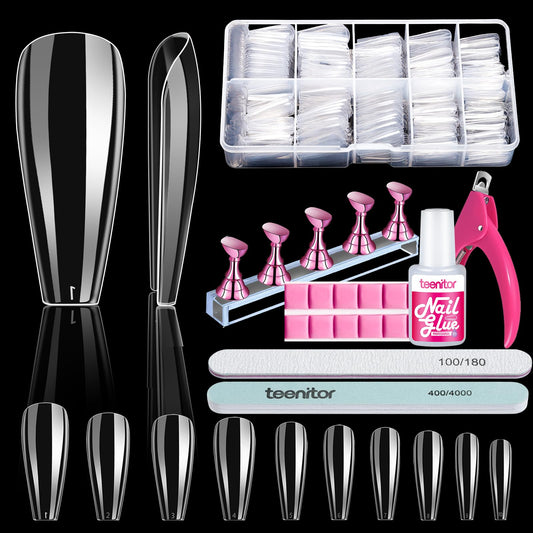 Teenitor 600 Pcs Clear Coffin Nail Tips, Acrylic Nail Kit, Clear Press On Nails, Long Fake Nails Coffin Nail Tips Full Cover, Acrylic Nail Clipper Nail Stand for Nail Extensions