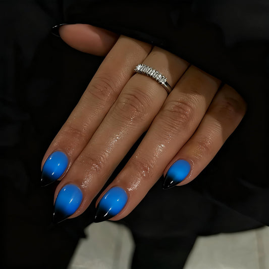 KQueenest French Press on Nails Short Almond - 30 Pcs Ombre Fake Nails Press on, Blue Black Acrylic Nails Glue on, Reusable Salon Quality Stick on Nails for Women Goth Punk Decoration