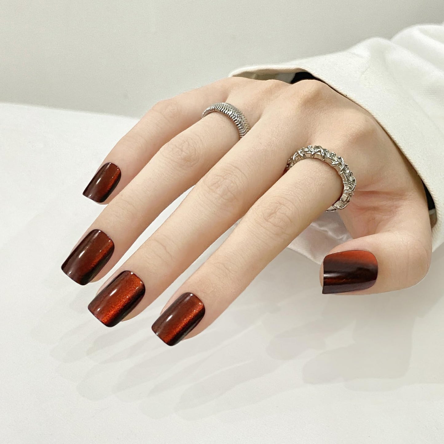 Orange Red Cat Eyes Press On Nails,12 Sizes-24 Pcs Soft Gel Orange Red Medium Square Fake Nails Kit with Nail Glue, Natural Reusable Stick On False Nails for Women and Girls (Skycloud Nails) SK0929