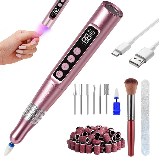 Cordless Nail Drill 35000RPM, Electric Nail File Kit with UV Light, Portable Nail Tools with Compact Design for Acrylic Gel Nails, Manicure Polishing, Shaping & Gel Removal at Home for Beginners, Pink