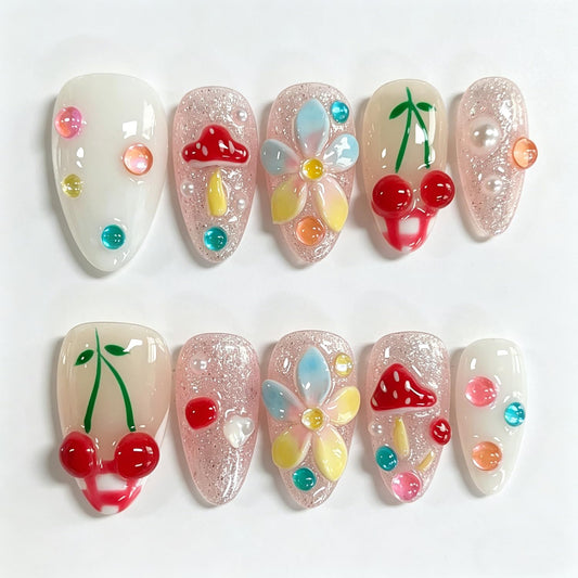 Handmade Press on Nails Almond Medium 3D Floral French Tip Thick Acrylic Fake Nails False Nails with Flower Mushroom Glitter Cherry Designs Cute Sturdy Nail Kawaii Art Press on Nails 10Pcs(S)