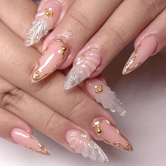 24pcs French Tip Press on Nails Medium Almond Fake Nails Pearl Full Cover Silver Glitter Design Gold French Ripple Line False Nails Acrylic Nail Cute Finger Manicure Decor Artificial Nails for Women
