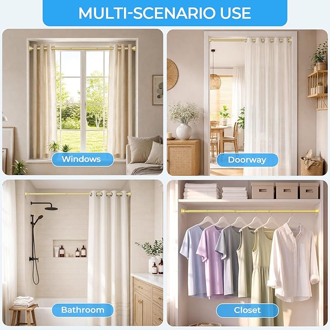 AIZESI Tension Curtain Rod 28 to 48 Inch Adjustable No Drilling 7/8" Diameter Gold Curtain Rod, Small Shower Curtain Rod for Woindow, Bathroom, Doorway, Closet, Kitchen