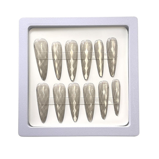 YOYfinee Christmas deal：$15for 2 set=27or30Pcs. 3D Rhombus Pattern Pointed-Long false nails，15pcs，12sizes，10 colors to choose，reuse（light gray6）